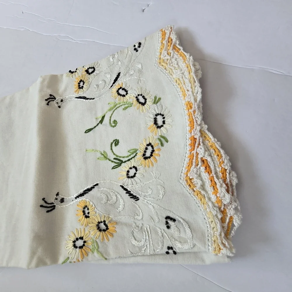 Vintage Embroidered Peacock Yellow Crocheted Edge Cotton Boho Cottage Granny